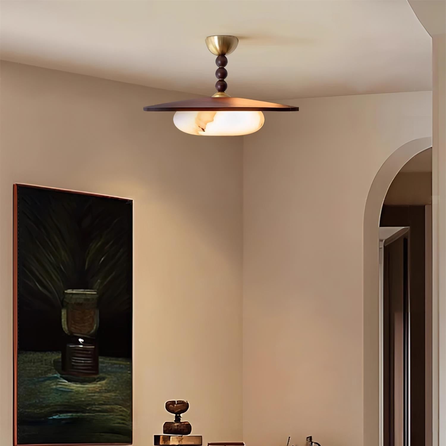 Muto Walnut Wood Ceiling Light With Faux-Alabaster Diffuser, Brass Accents