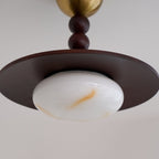 Muto Walnut Wood Ceiling Light With Faux-Alabaster Diffuser, Brass Accents