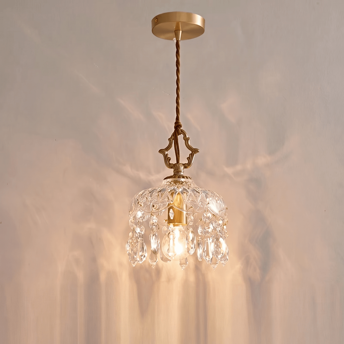 Brass Crystal Pendant Light With Vintage Glass Shade 12 Inch