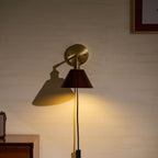 Wall Sconce, Solid Walnut Shade, Brass Plug-In, E27 Dimmable