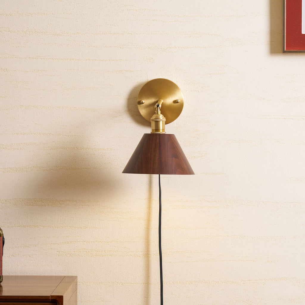 Wall Sconce, Solid Walnut Shade, Brass Plug-In, E27 Dimmable