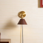 Wall Sconce, Solid Walnut Shade, Brass Plug-In, E27 Dimmable