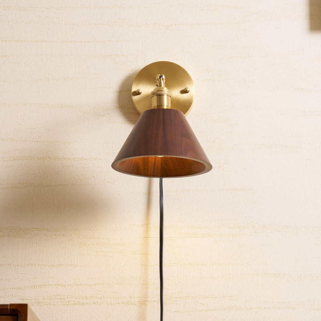 Wall Sconce, Solid Walnut Shade, Brass Plug-In, E27 Dimmable