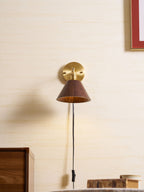 Wall Sconce, Solid Walnut Shade, Brass Plug-In, E27 Dimmable