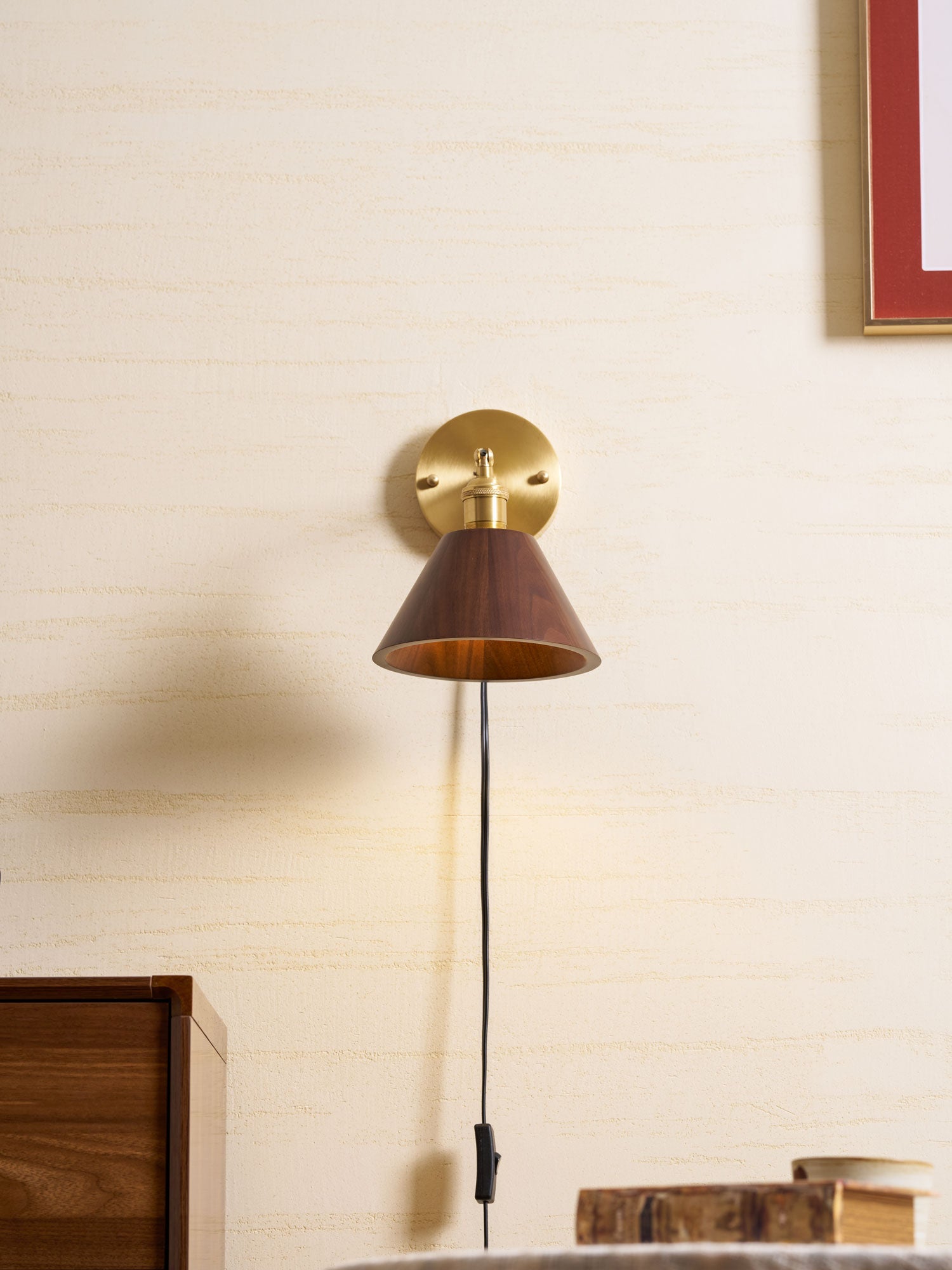 Wall Sconce, Solid Walnut Shade, Brass Plug-In, E27 Dimmable