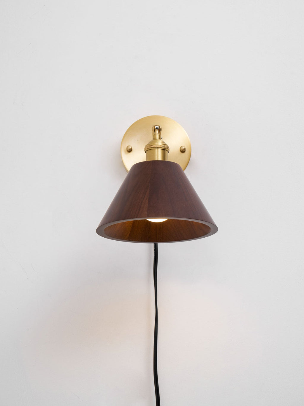 Wall Sconce, Solid Walnut Shade, Brass Plug-In, E27 Dimmable