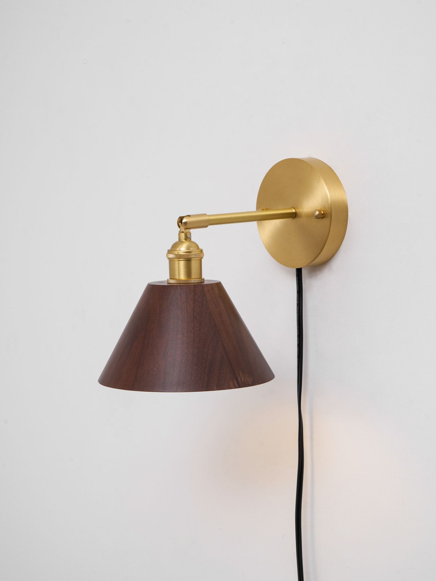 Wall Sconce, Solid Walnut Shade, Brass Plug-In, E27 Dimmable