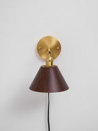 Wall Sconce, Solid Walnut Shade, Brass Plug-In, E27 Dimmable