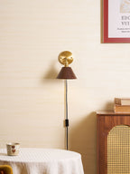 Wall Sconce, Solid Walnut Shade, Brass Plug-In, E27 Dimmable