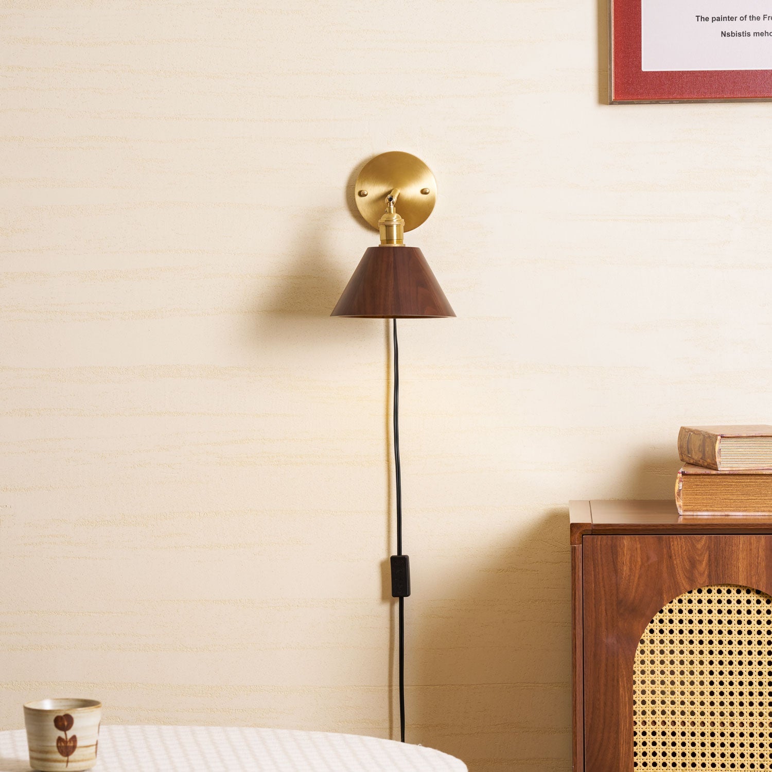 Wall Sconce, Solid Walnut Shade, Brass Plug-In, E27 Dimmable