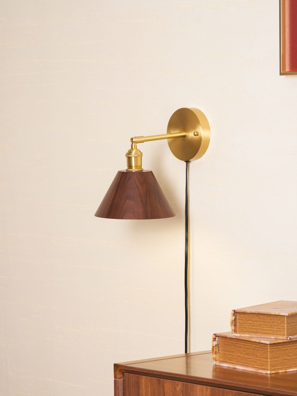 Wall Sconce, Solid Walnut Shade, Brass Plug-In, E27 Dimmable