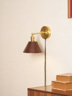 Wall Sconce, Solid Walnut Shade, Brass Plug-In, E27 Dimmable