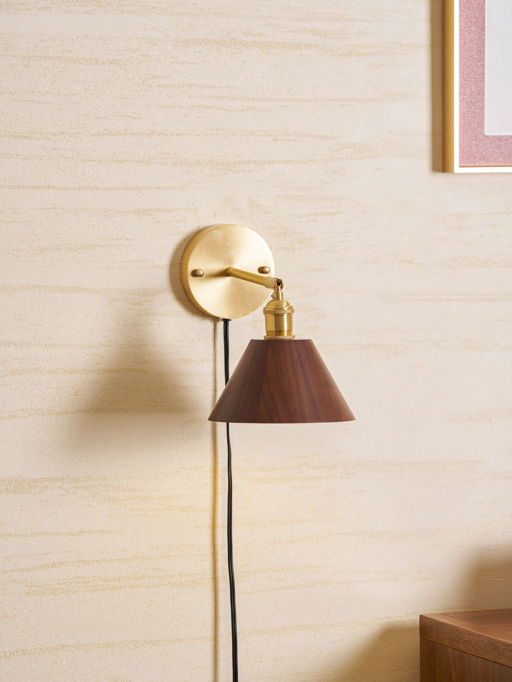 Wall Sconce, Solid Walnut Shade, Brass Plug-In, E27 Dimmable