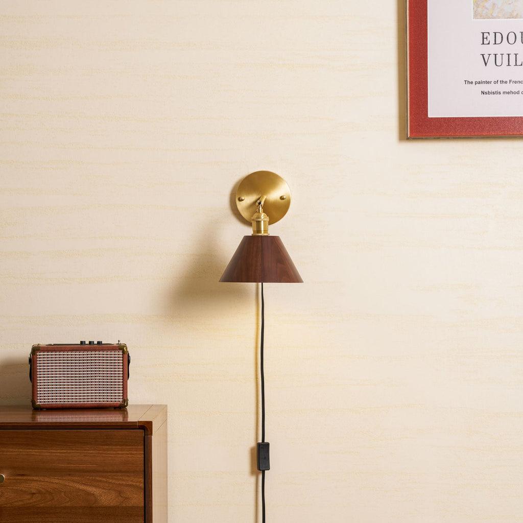 Wall Sconce, Solid Walnut Shade, Brass Plug-In, E27 Dimmable