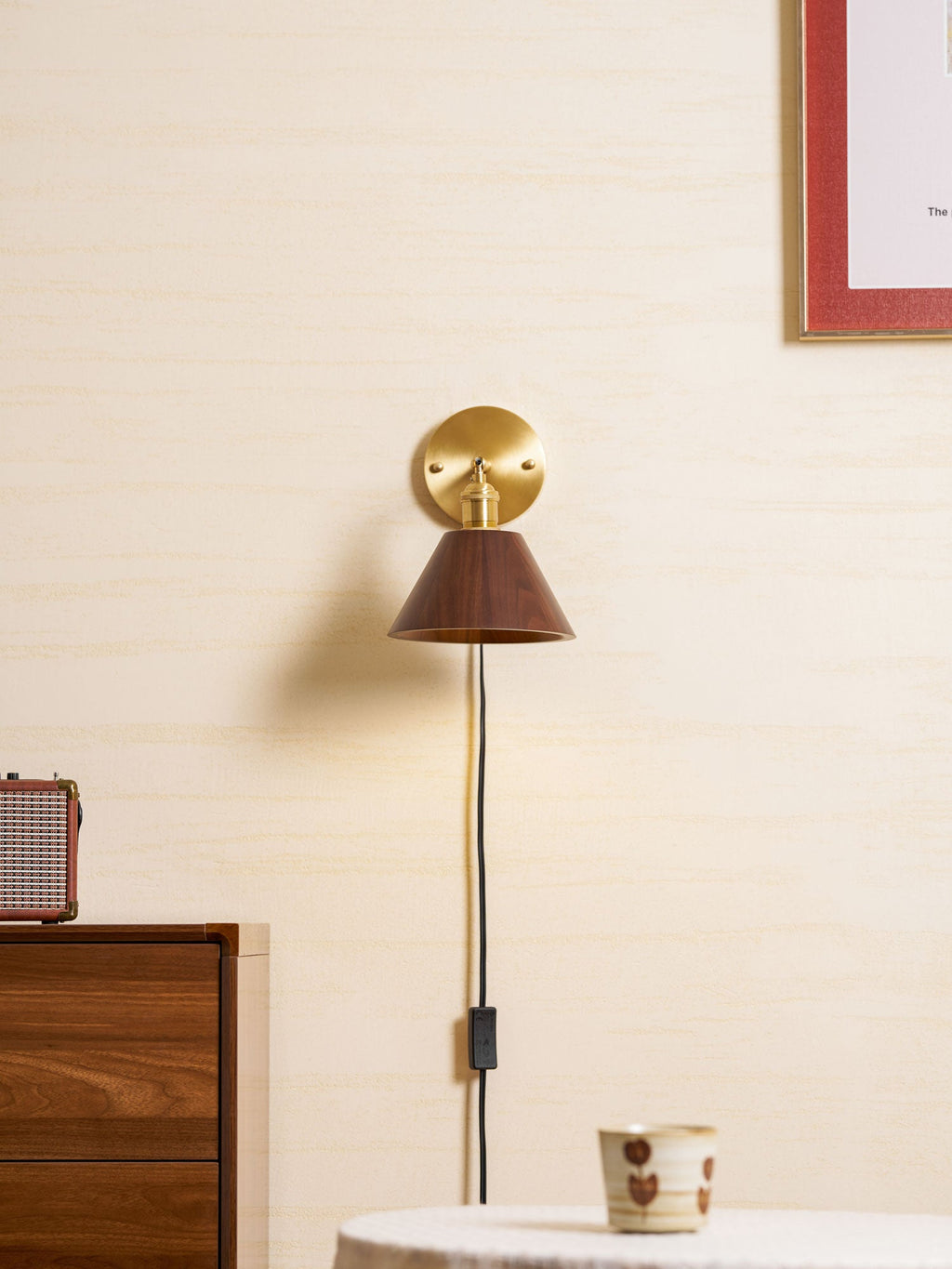 Wall Sconce, Solid Walnut Shade, Brass Plug-In, E27 Dimmable