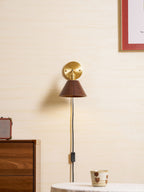 Wall Sconce, Solid Walnut Shade, Brass Plug-In, E27 Dimmable