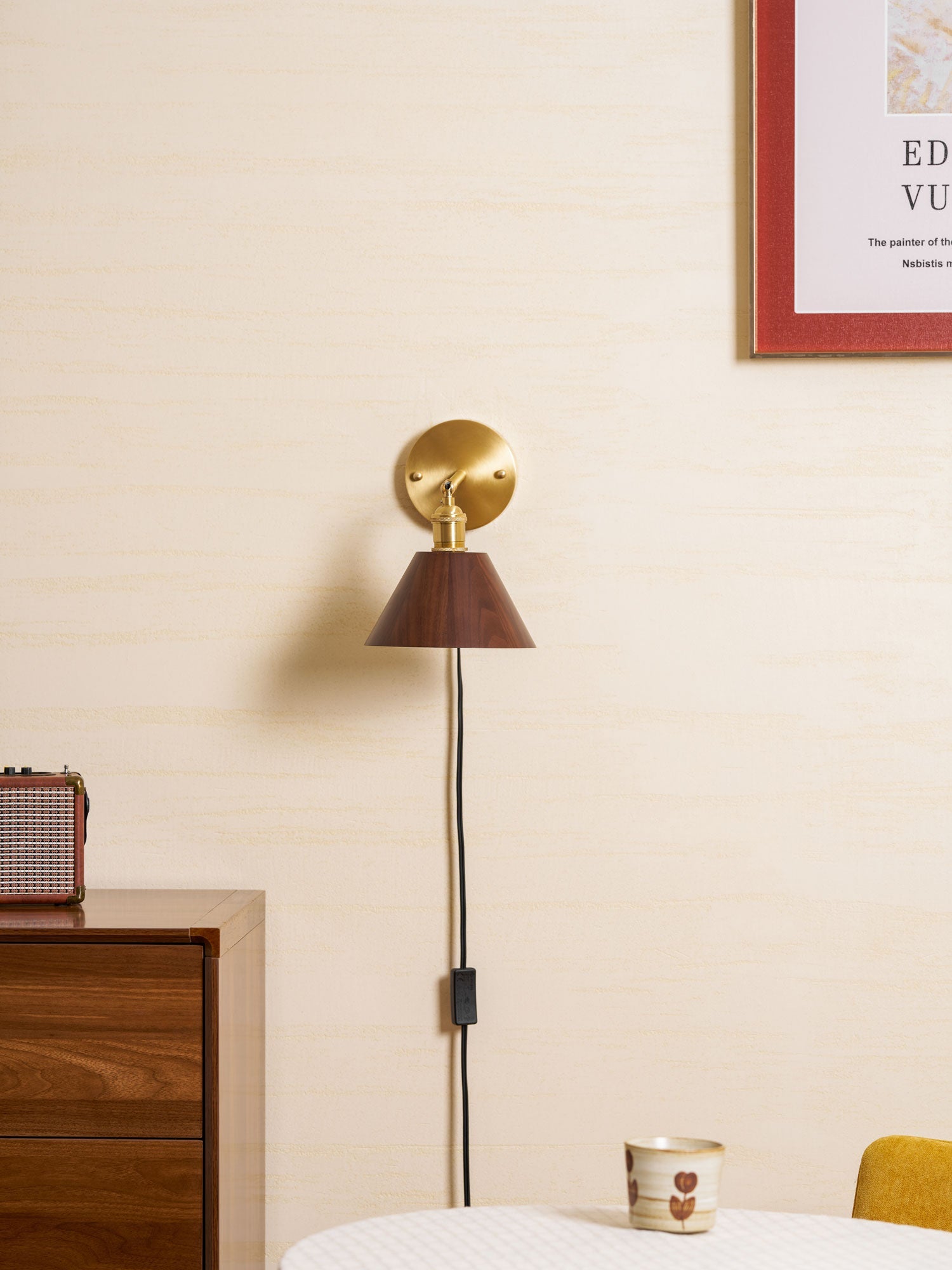 Wall Sconce, Solid Walnut Shade, Brass Plug-In, E27 Dimmable
