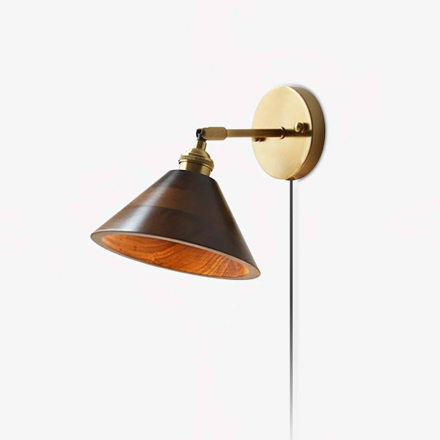 Wall Sconce, Solid Walnut Shade, Brass Plug-In, E27 Dimmable