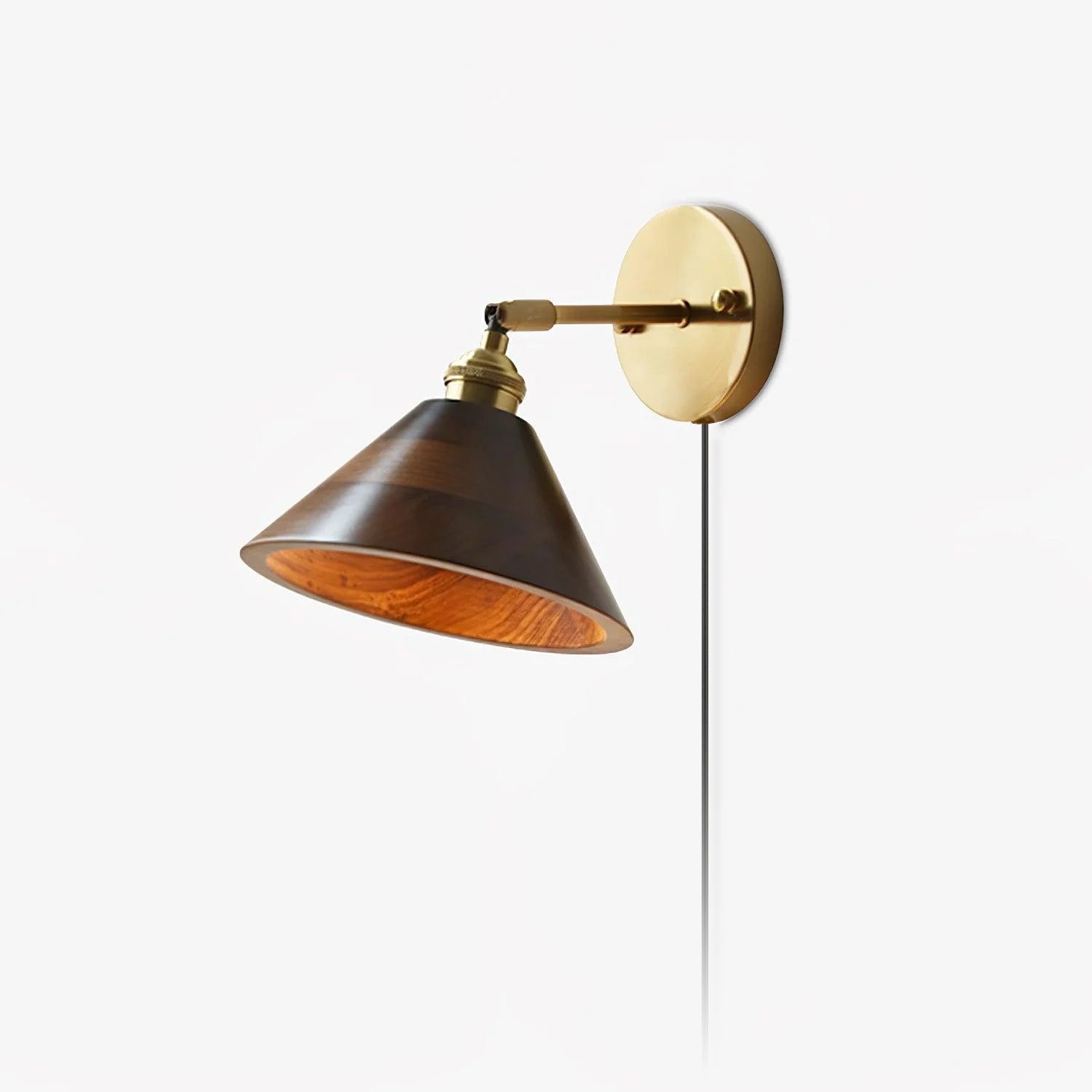 Wall Sconce, Solid Walnut Shade, Brass Plug-In, E27 Dimmable