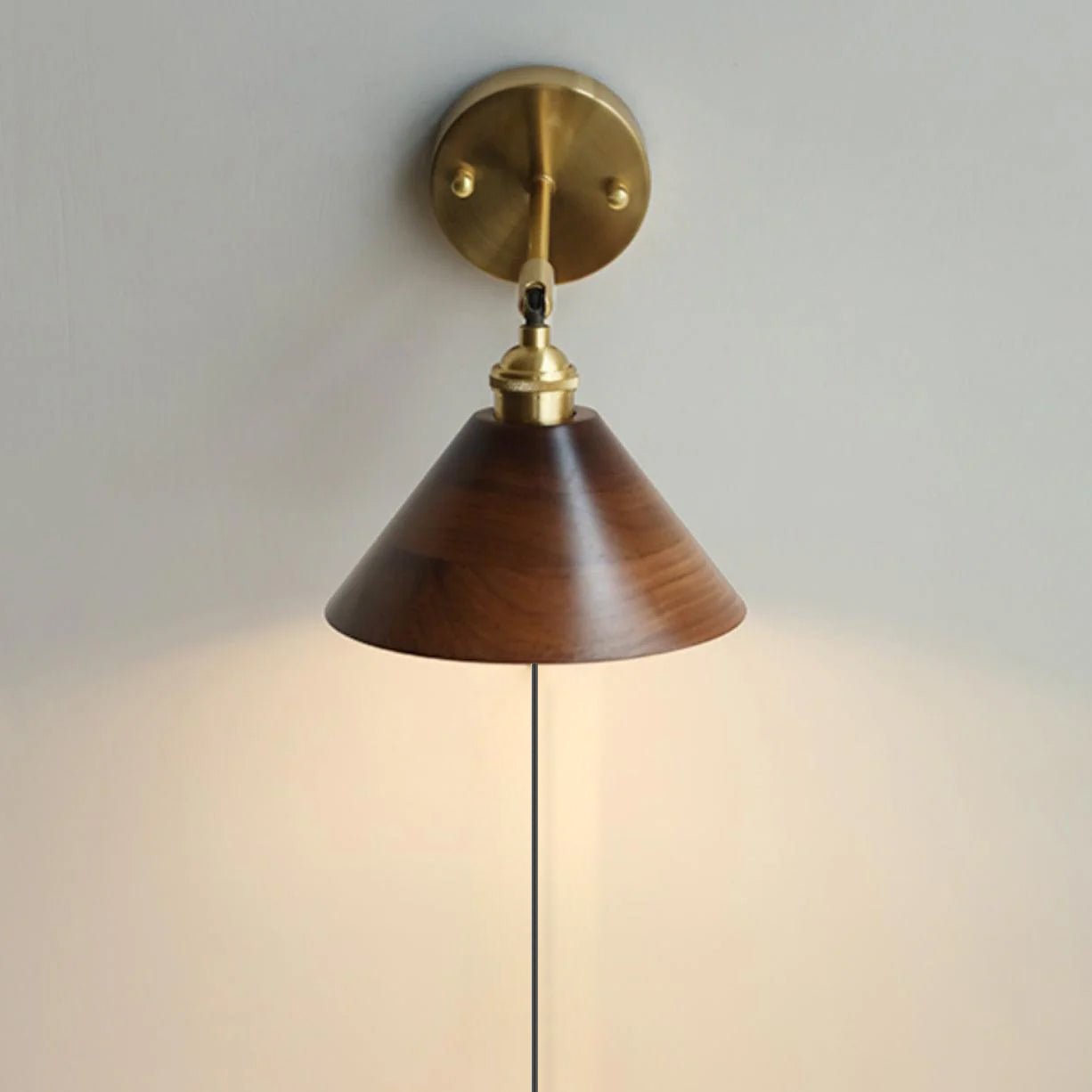Wall Sconce, Solid Walnut Shade, Brass Plug-In, E27 Dimmable
