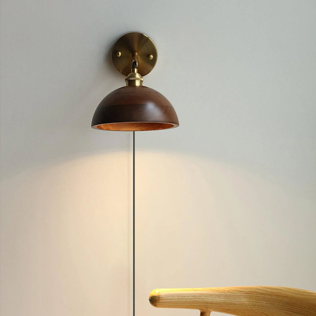 Wall Sconce, Solid Walnut Shade, Brass Plug-In, E27 Dimmable