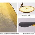 Detail collage for the Clérachic pendant light showing the gold-leaf finish, integrated LED disc, and hand-bent shade edge.