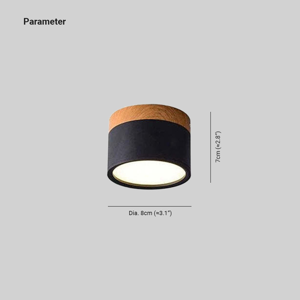 Dimension drawing for the Clérachic Wood-Grain Cylinder Ceiling Light, Dia. 8 cm (≈3.1″) wide and 7 cm (≈2.8″) high.