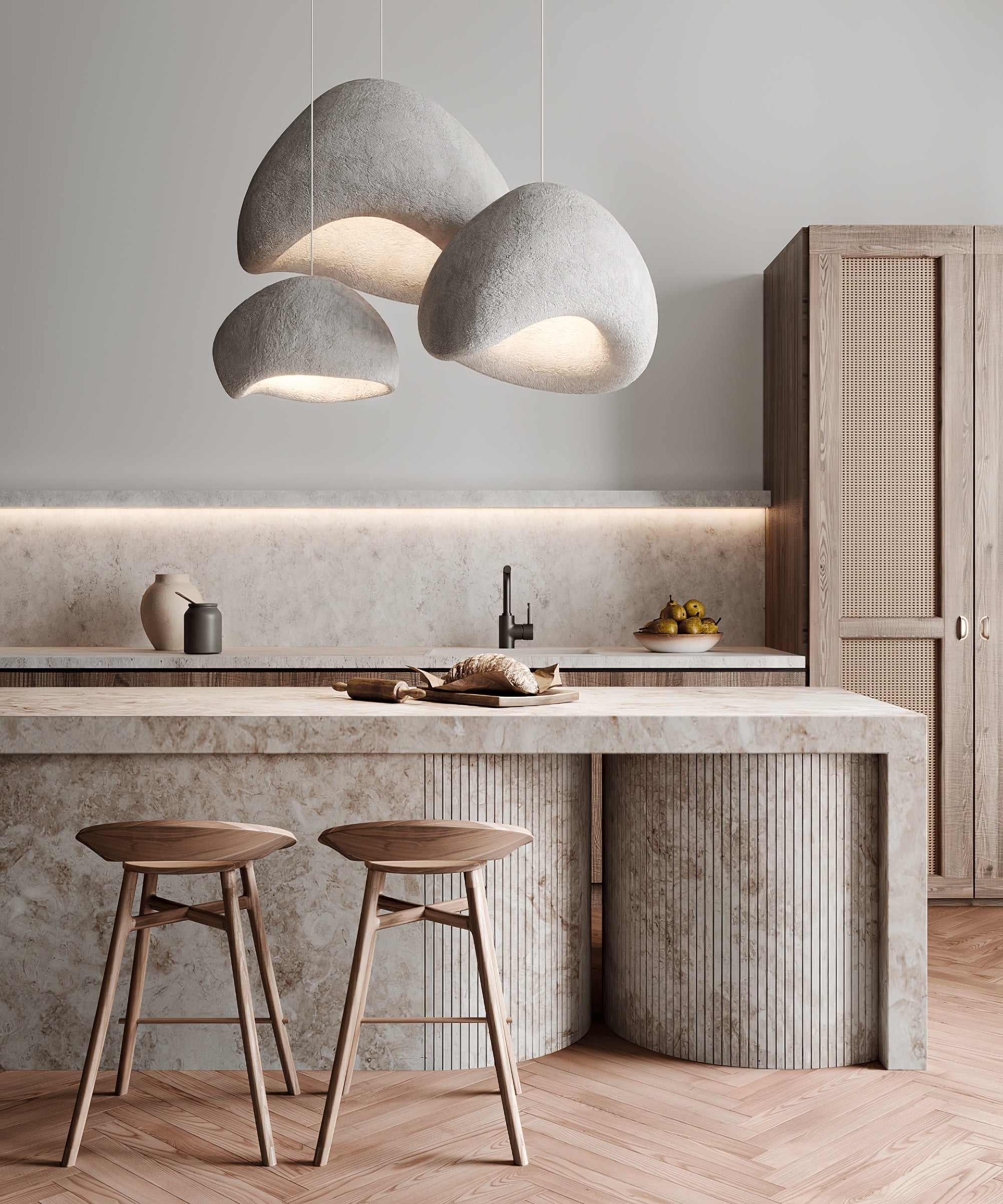 Wabi-sabi organic combination chandelier shown over a calm room