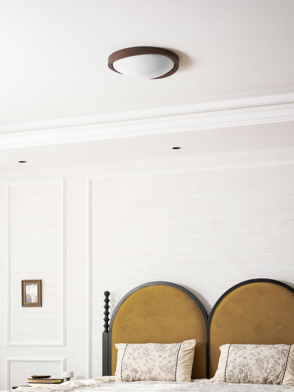 Round wooden ceiling light angle view on white
