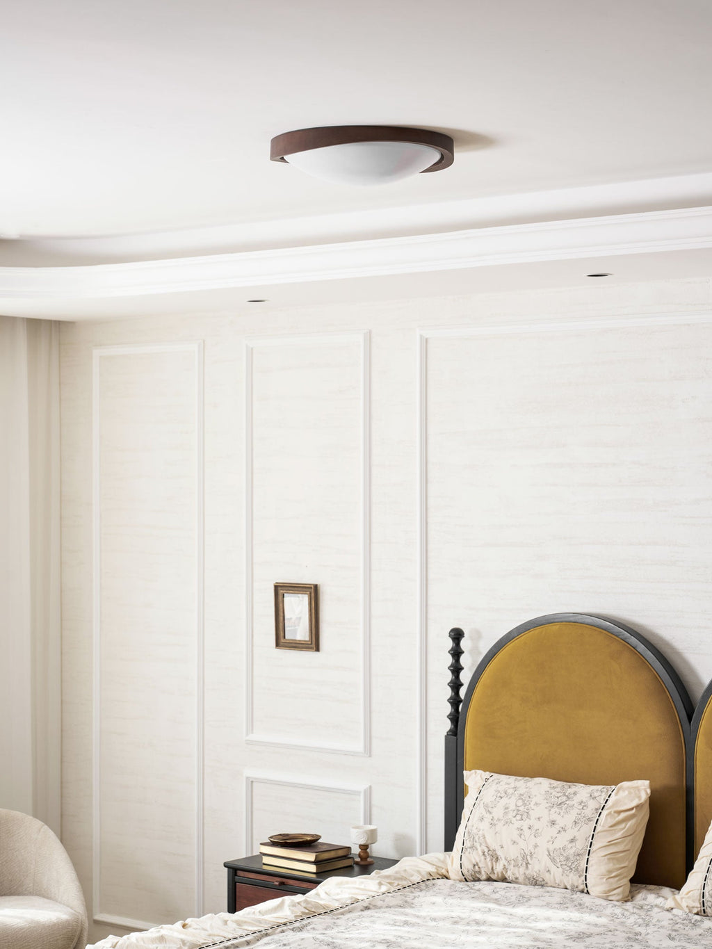 Walnut curved edge ceiling light underside on white background