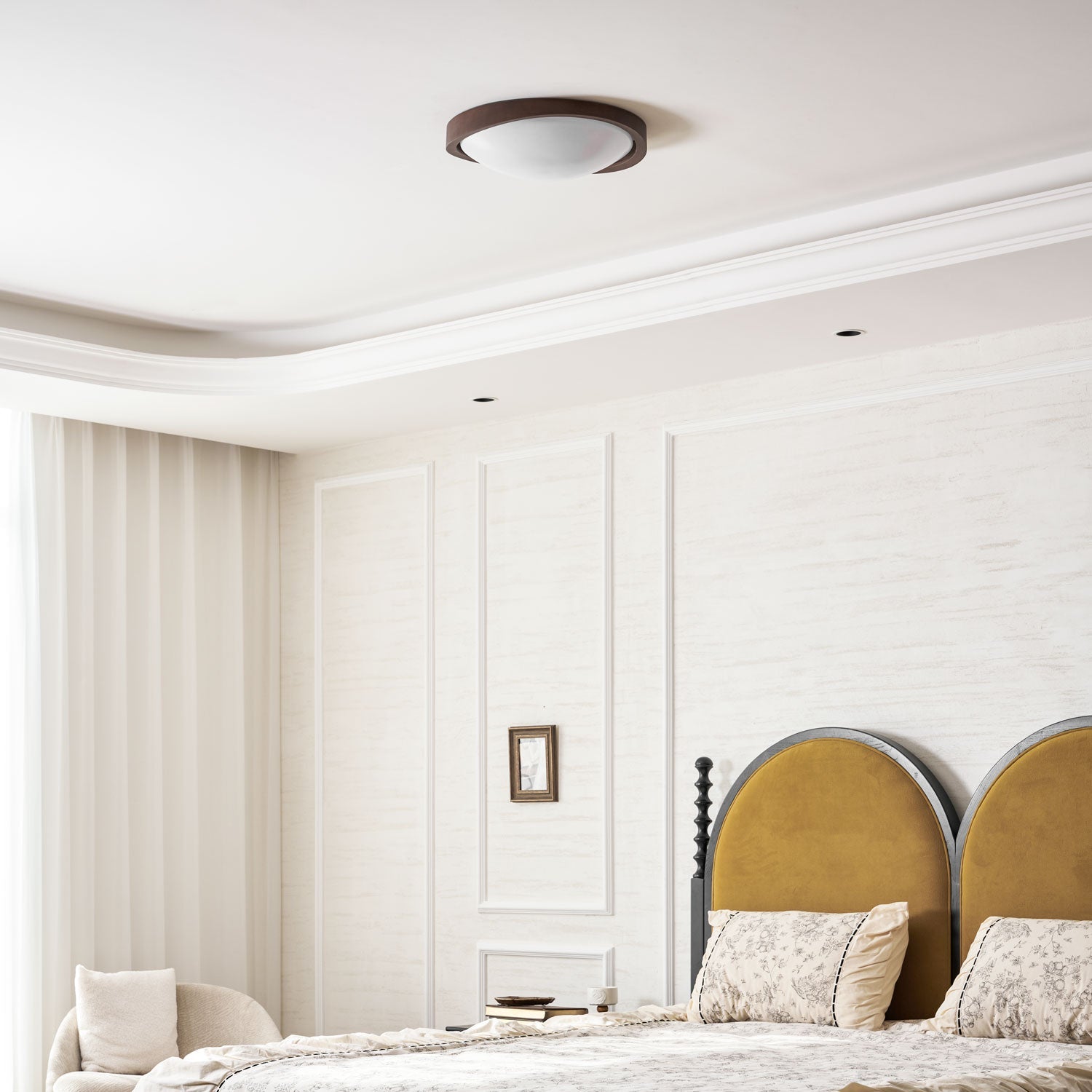 Walnut flush mount ceiling light detail on a white background