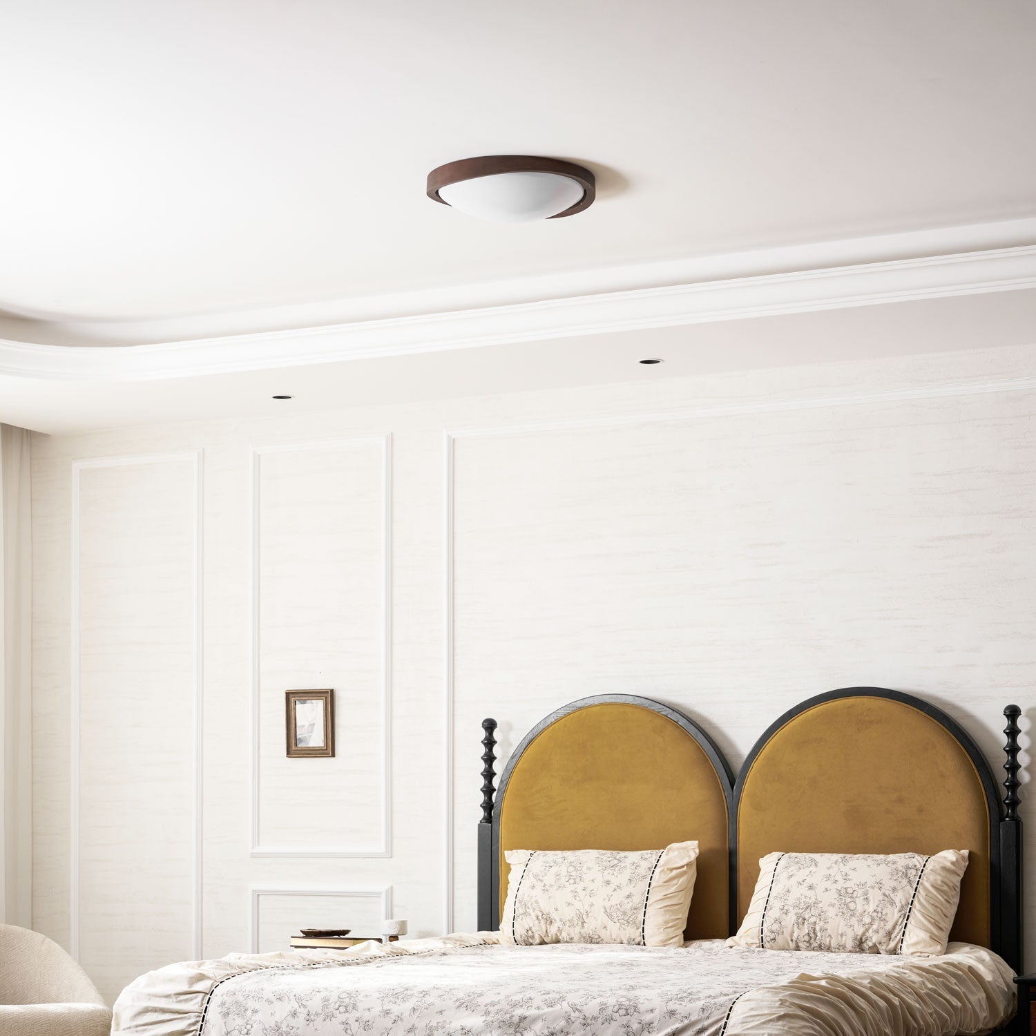 Wooden ceiling light shown upright on a white background