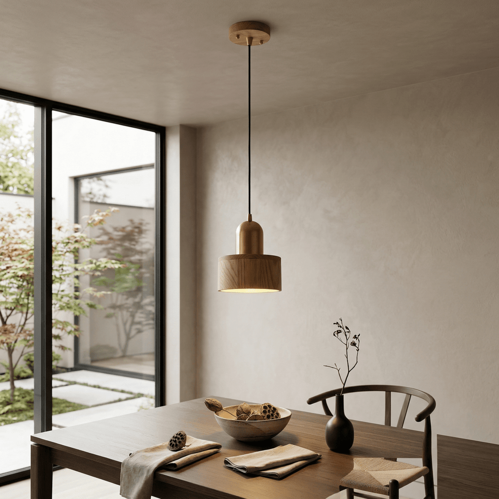 Walnut Wood Cylindrical Pendant Light With Modern Design 12 Inch Height