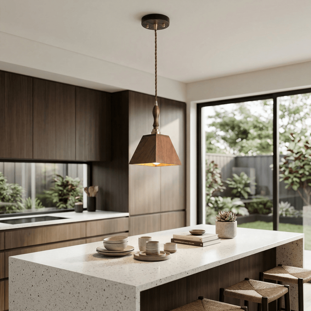Geometric Walnut Wood Pendant Light With Pyramid Shade, 12-Inch Modern Fixture
