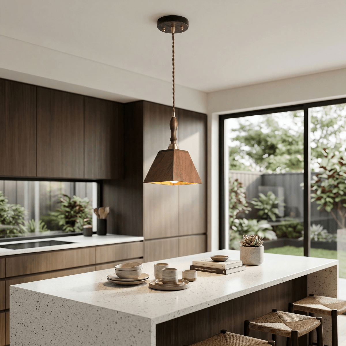 Geometric Walnut Wood Pendant Light With Pyramid Shade, 12-Inch Modern Fixture