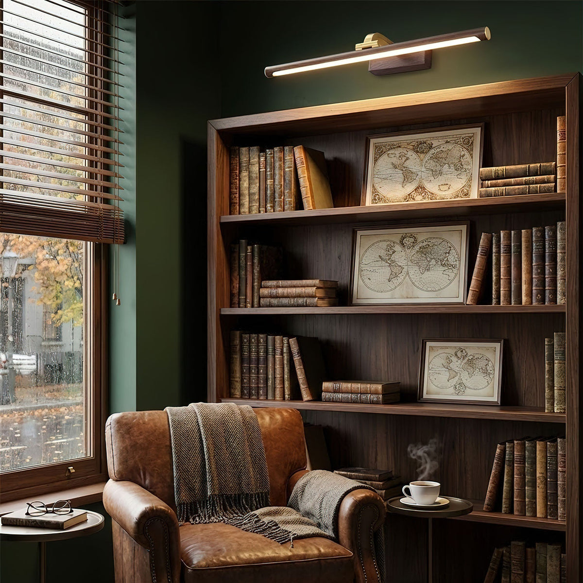 Mounted above a dark wood bookshelf lined with vintage maps, this Clérachic wall light in brass warms a green-walled reading nook.
