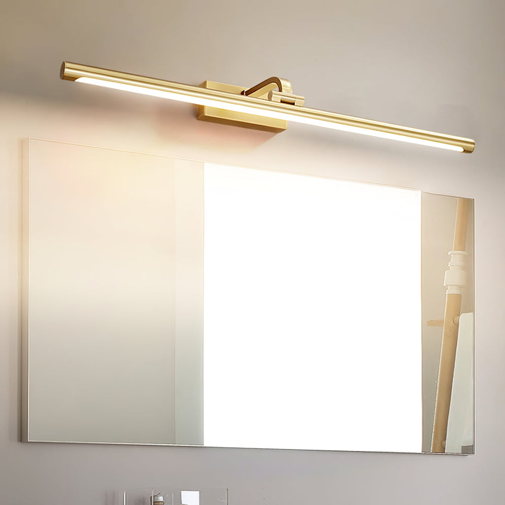 A large mirror over a white marble vanity sits beneath this Clérachic wall light in brass.