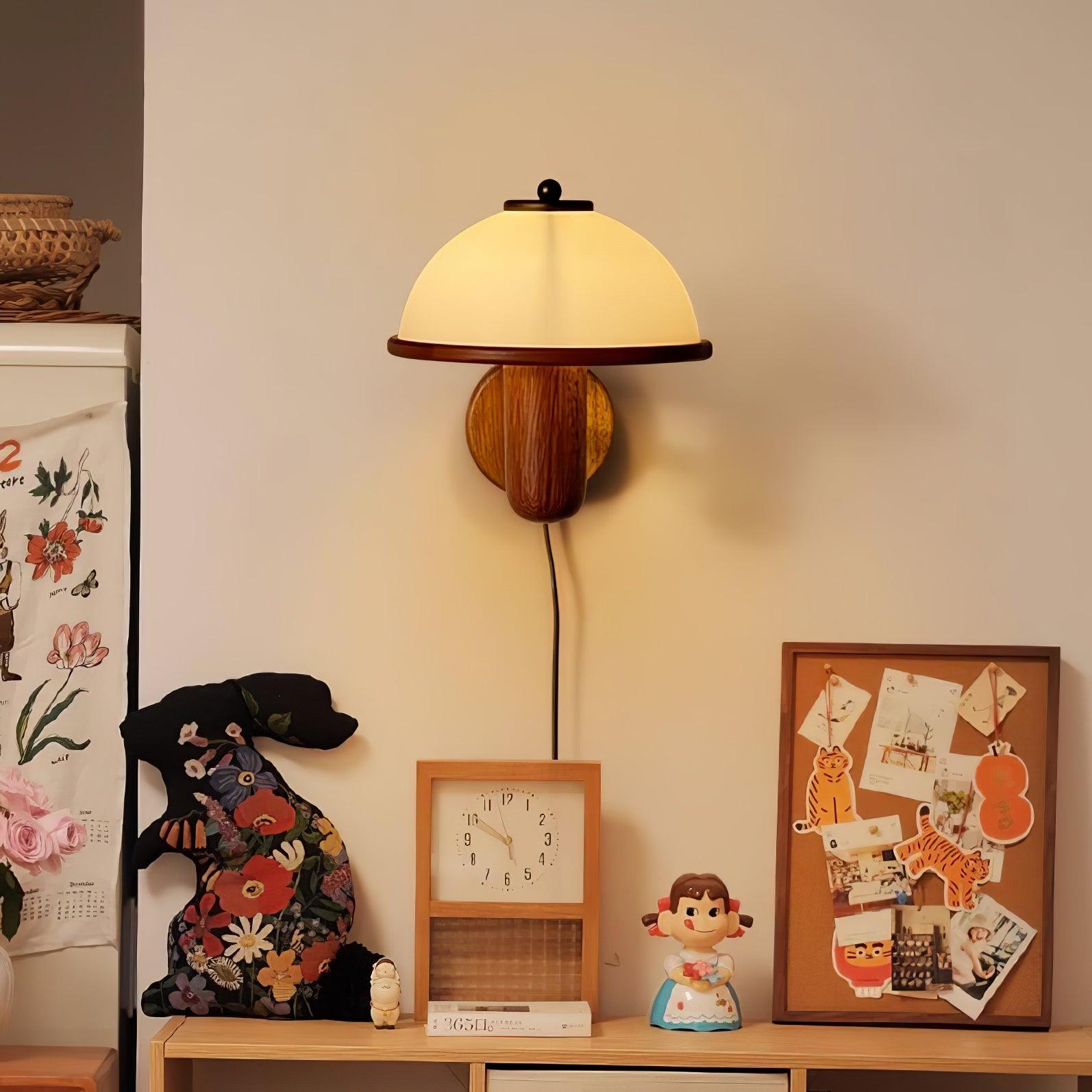 Oak wood mushroom wall lamp detail showing grain and shade join