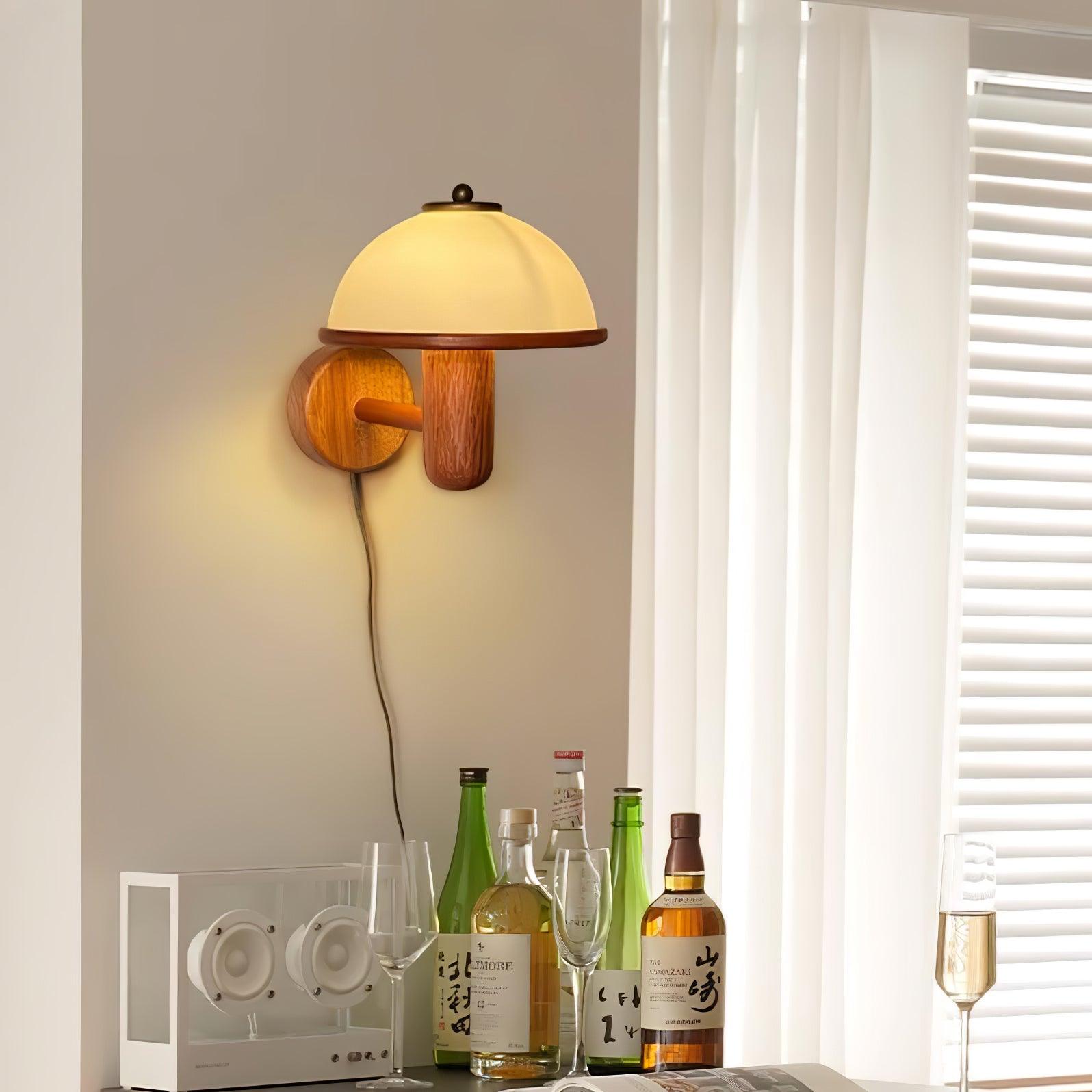 Mushroom wall lamp lighting a calm bedroom corner