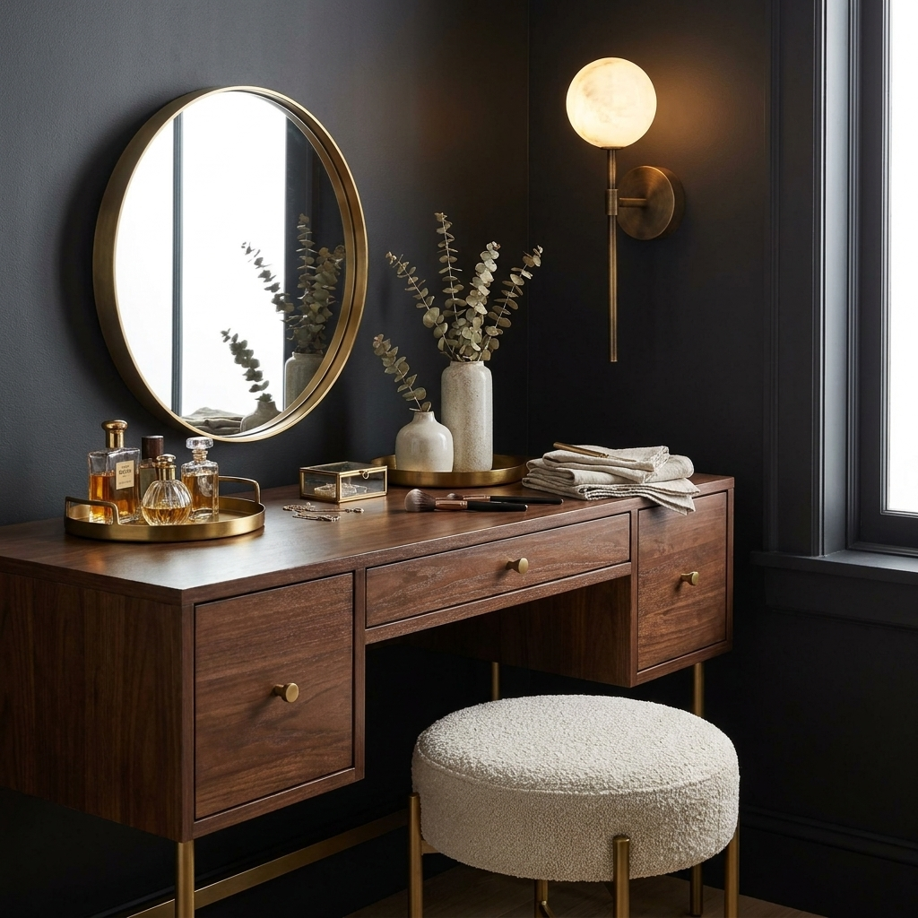 This black Clérachic wall sconce glows above a dark vanity desk set with small glass bottles.