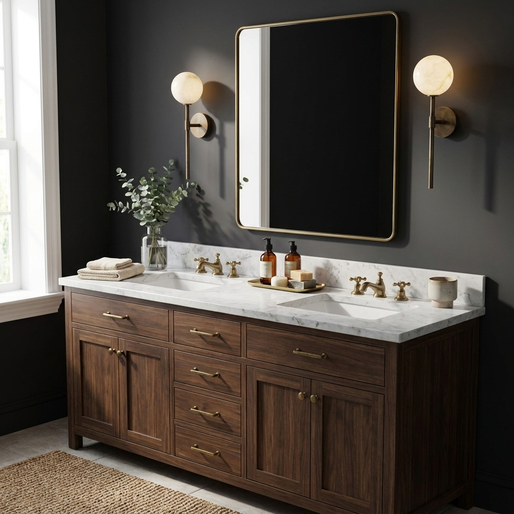 Two brass Clérachic wall sconces flank a rectangular mirror above a dark wood double vanity.