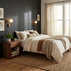 This brass Clérachic wall sconce glows beside a wood nightstand in a bedroom with sheer curtains.