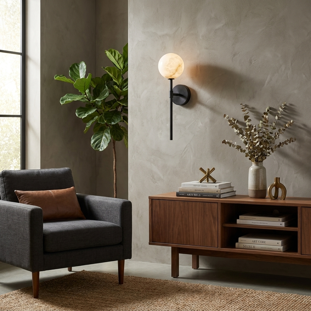This black Clérachic wall sconce glows on a plaster wall above a grey armchair and a wood credenza.