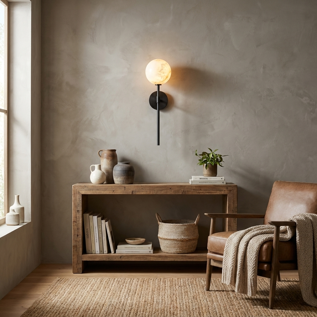 This black Clérachic wall sconce lights a plaster wall above a console table and a leather chair.