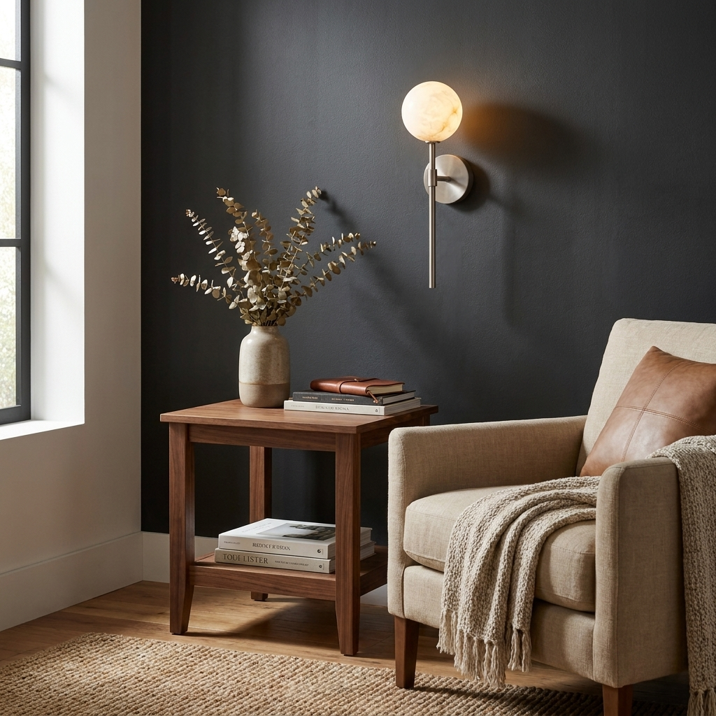 This Clérachic wall sconce in nickel lights a dark wall above a wood side table and a beige armchair.