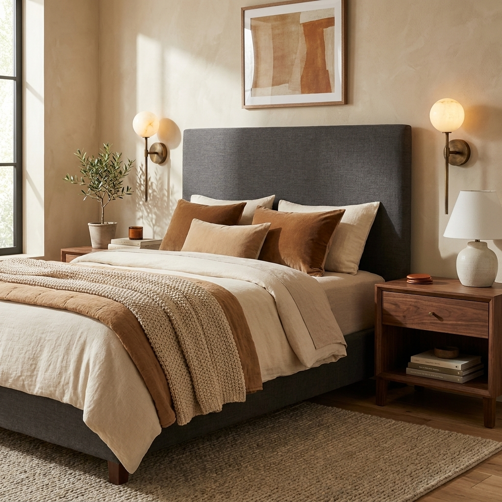 This brass Clérachic wall sconce lights a headboard wall above a nightstand in a warm, sunlit bedroom.
