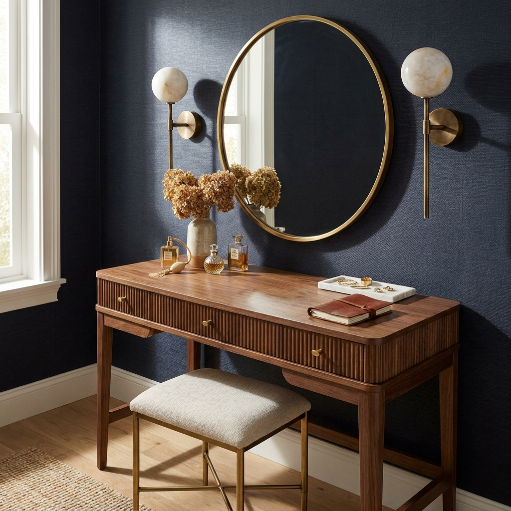 Two brass Clérachic wall sconces flank an oval mirror above a wood vanity desk with dried flowers.