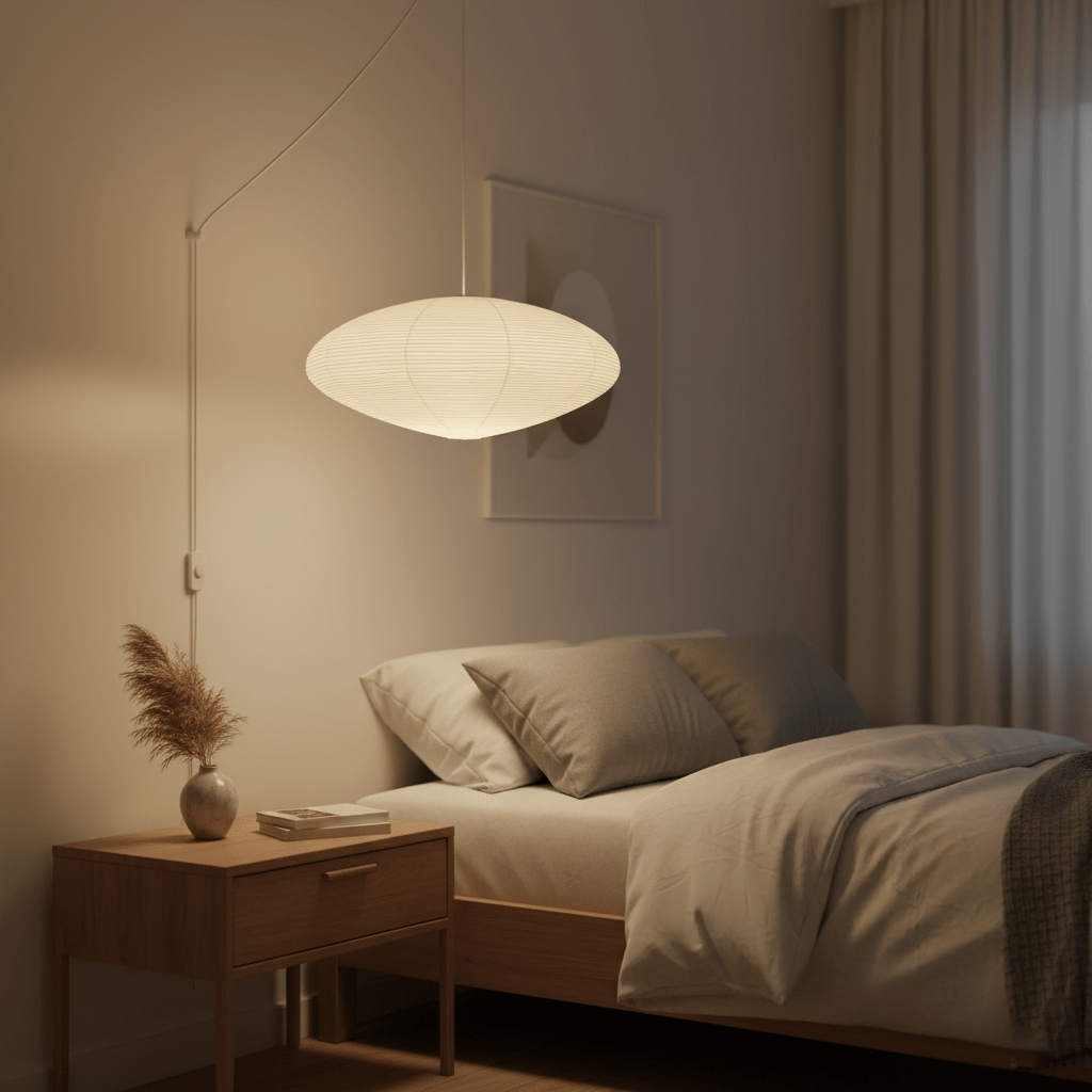 Swag pendant light with white paper shade and ceiling hooks
