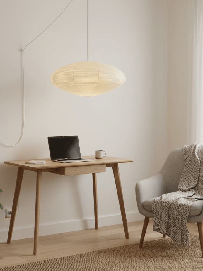Mulberry washi paper pendant glowing warm above a table