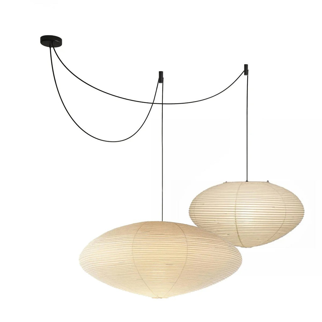 Washi paper pendant light detail with metal frame visible